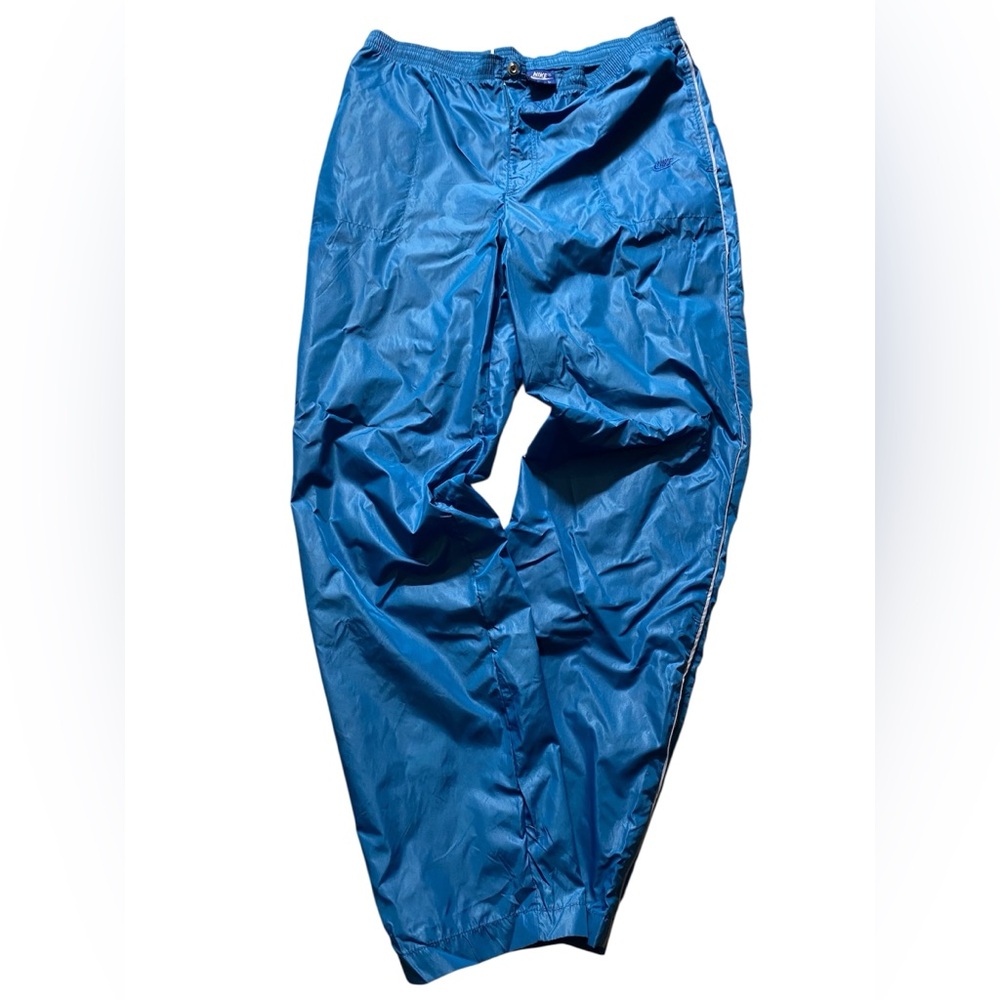 Vintage Nike Track Pants Teal Blue Stripe Windbreaker Nylon Ankle Zip L 1980s